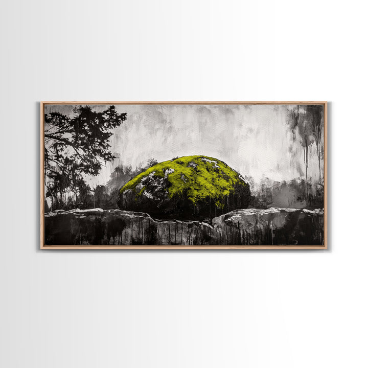 Mossy Rock, Abstract Nature, Green and Black Art, Canvas Print, Rustic Wall Decor, Boho Artwork, Modern Farmhouse Decor