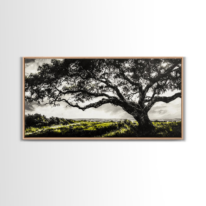Oak Tree, Scenic Meadow, Black and White Landscape, Framed Canvas Print, Nature Wall Art, Large Canvas Artwork, Living Room Decor