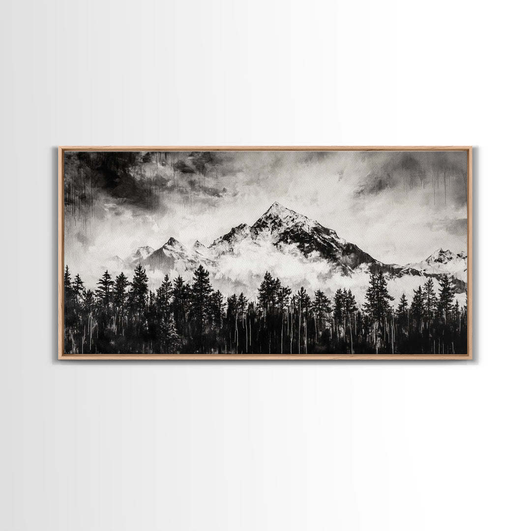 Mountain Landscape, Black and White, Framed Canvas Print, Nature Wall Art, Rustic Home Decor, Modern Farmhouse, Large Wall Art