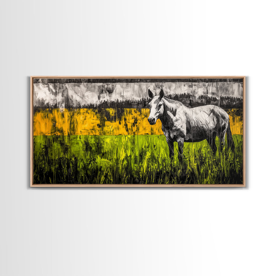 Abstract Horse, Farmhouse, Framed Canvas Print, Rustic Wall Art, Country Decor, Bold Yellow and Green, Large Wall Art, Equestrian Art