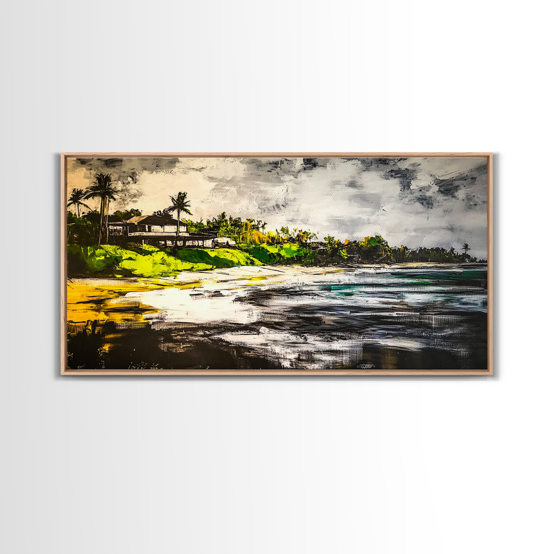 Beach House, Ocean View, Tropical Landscape, Framed Canvas Print, Coastal Art, Beach Wall Decor, Living Room Art, Boho Wall Art