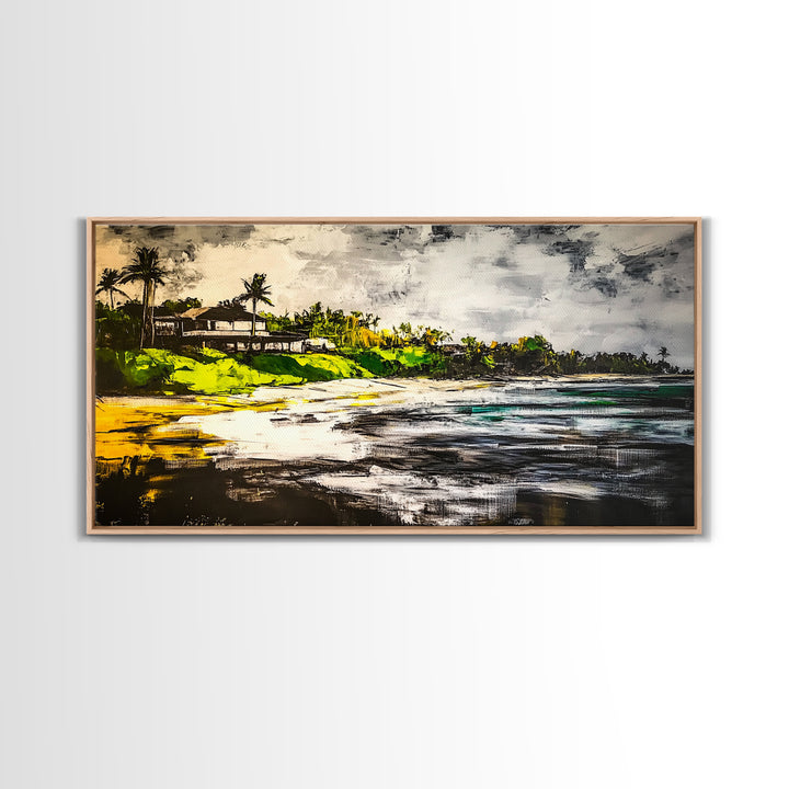 Beach House, Ocean View, Tropical Landscape, Framed Canvas Print, Coastal Art, Beach Wall Decor, Living Room Art, Boho Wall Art