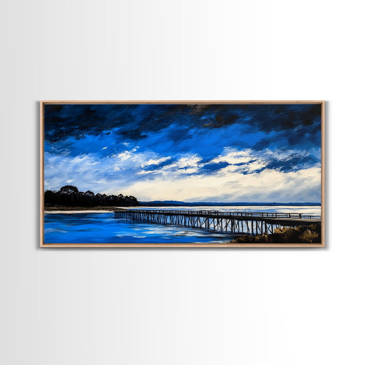 Blue Pier, Lake Scene, Stormy Sky, Framed Canvas Print, Nautical Art, Minimalist Landscape, Bedroom Wall Decor, Large Wall Art