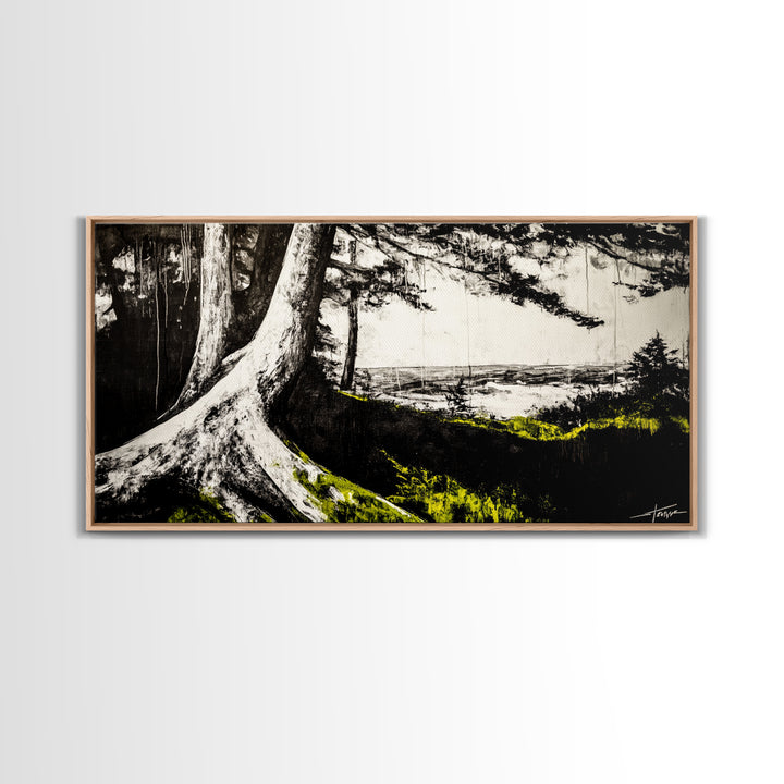 Forest Tree, Ocean View, Coastal Landscape, Canvas Print, Nature Wall Art, Black and White Art, Cabin Wall Decor, Rustic Wall Art