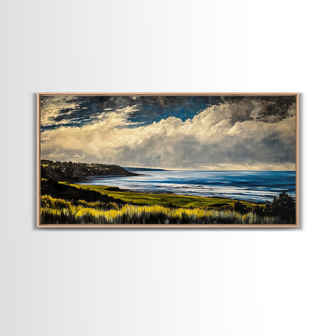 Coastal Bluffs, Ocean Horizon, Cloudy Sky, Framed Canvas Print, Nautical Wall Art, Large Landscape, Living Room Wall Art, Moody Art
