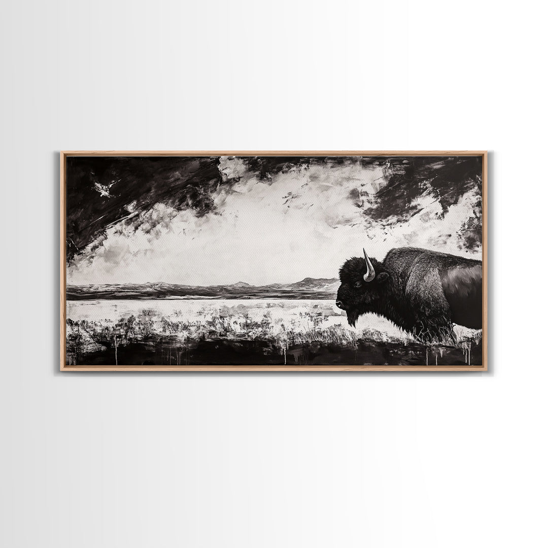 Bison Landscape, Western Art, Black and White Buffalo, Rustic Home Decor, Southwestern Wall Art, Nature Artwork, Framed Canvas Print