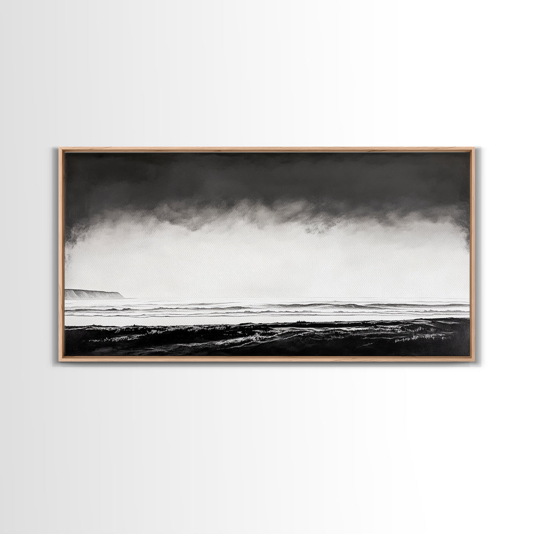 Foggy Ocean, Misty Beach, Black and White Minimalist, Canvas Print, Modern Wall Art, Bedroom Decor, Neutral Tones, Serene Seascape