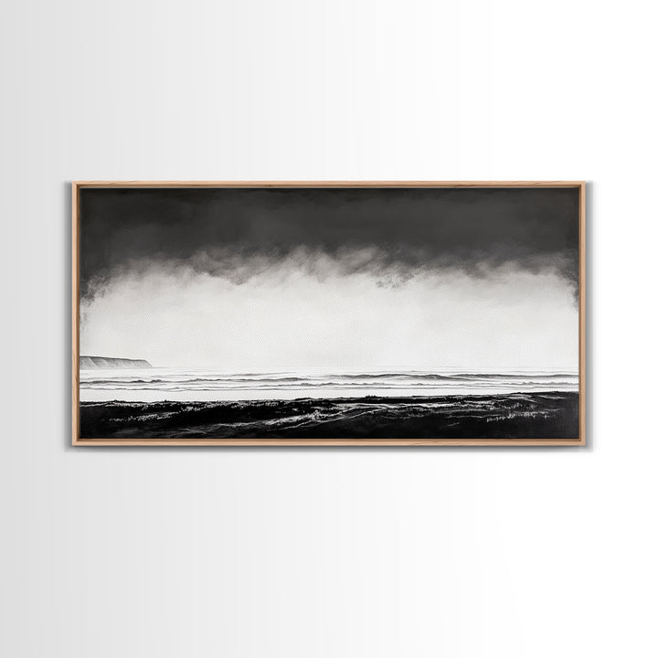 Foggy Ocean, Misty Beach, Black and White Minimalist, Canvas Print, Modern Wall Art, Bedroom Decor, Neutral Tones, Serene Seascape