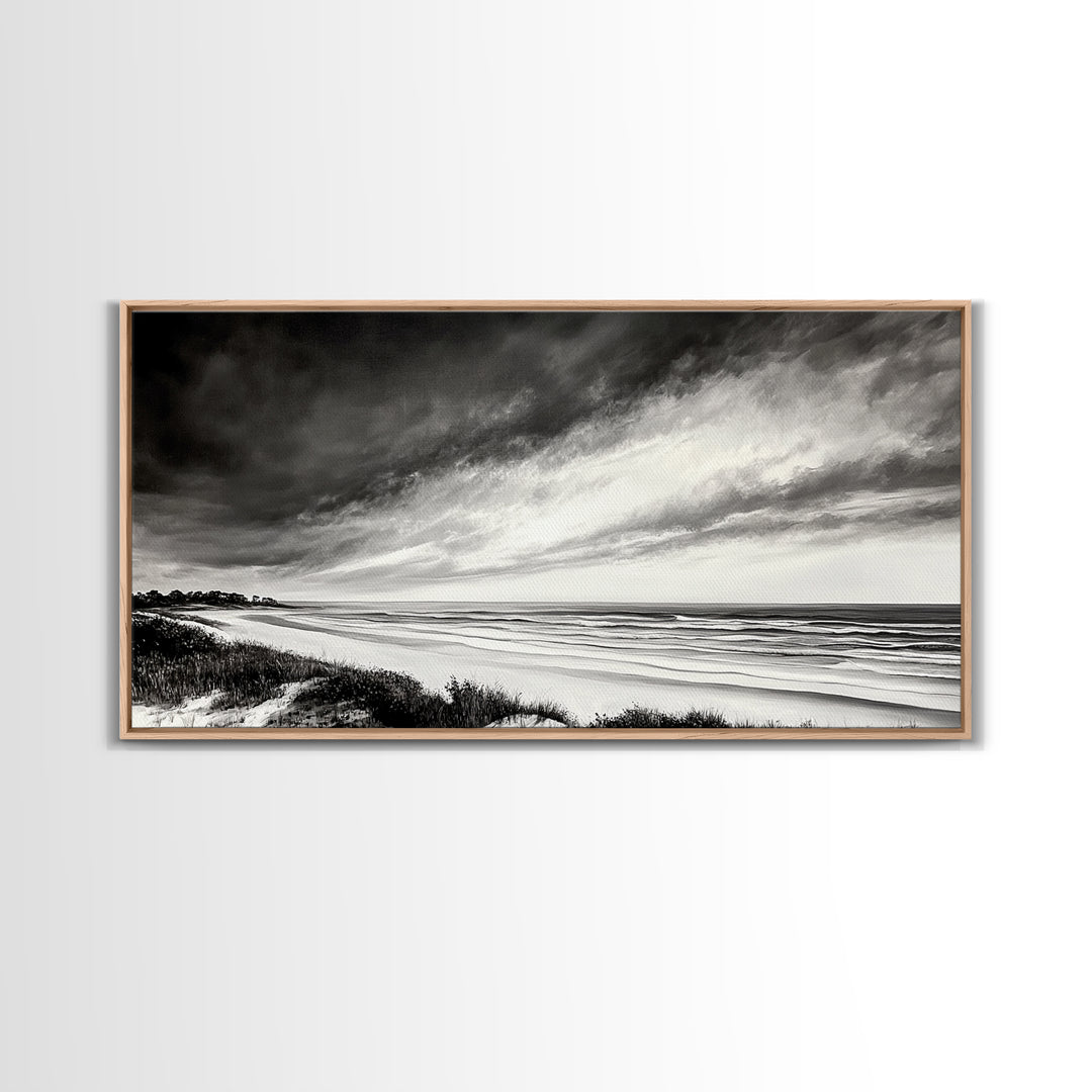 Coastal Storm, Dramatic Beach Scene, Black and White Seascape, Modern Coastal Art, Neutral Wall Decor, Canvas Print, Living Room Art