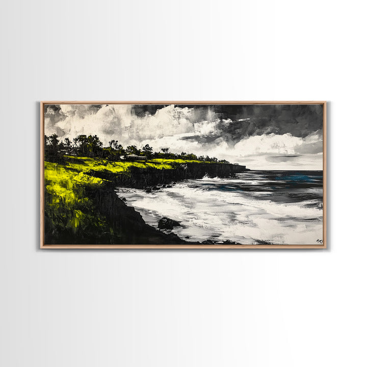 Cliffside Ocean View Landscape, Black and White Seascape, Nautical Wall Decor, Living Room Art, Beach House Scene, Framed Canvas Print