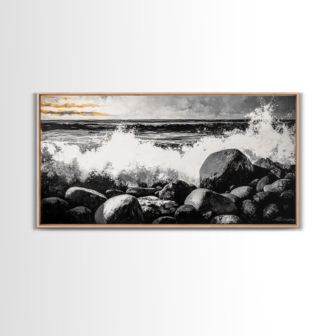 Rocky Shore, Powerful Ocean Waves, Dramatic Black and White Seascape, Coastal Home Decor, Framed Canvas Print, Living Room Accent