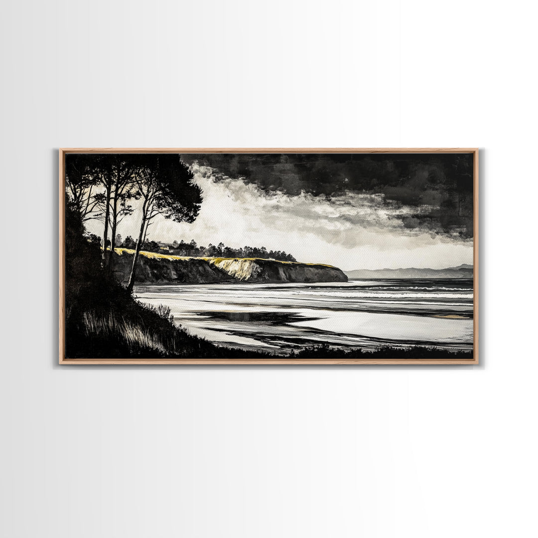 Black White, Coastal Cliffs, Seascape, Large Canvas Print, Ocean Wall Art, Modern Landscape, Minimalist Painting, Nautical Home Decor