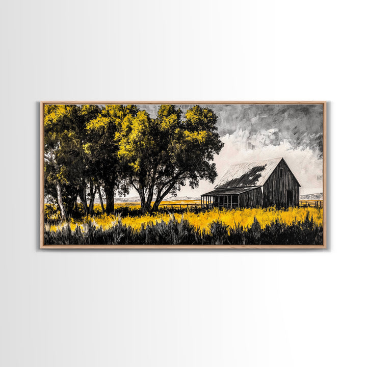 Rustic Barn, Country Wall Art, Western Farmhouse Decor, Black and White Art, Nature Landscape, Living Room Wall Art, Framed Canvas Print