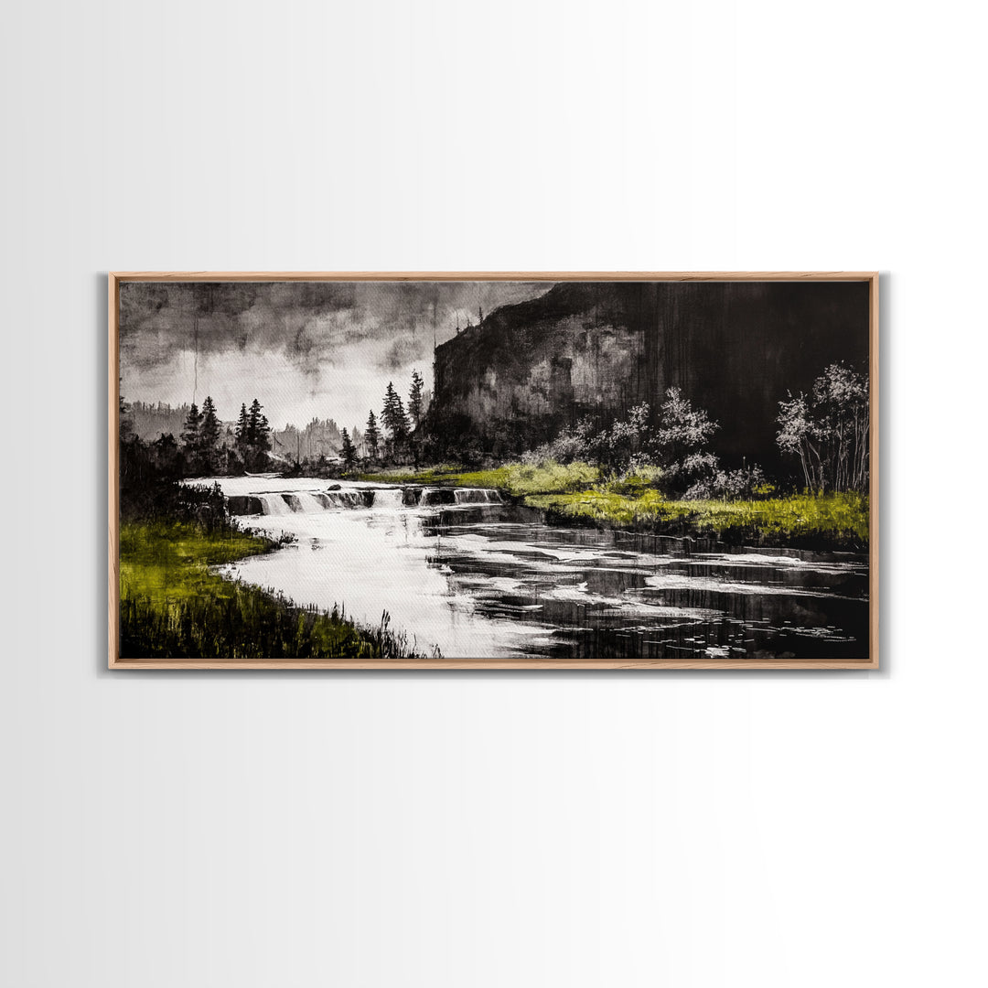 Forest Waterfall, Black and White Landscape, Nature Wall Art, Rustic Lodge Decor, Cabin Home Art, Peaceful River Scene, Canvas Print