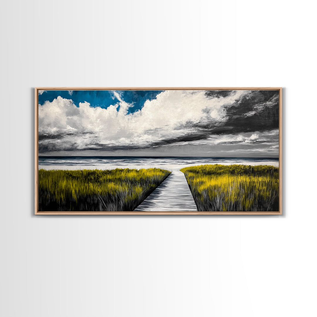 Beach Boardwalk, Coastal Landscape, Black and White Seascape, Nautical Decor, Living Room Artwork, Beach House Scene, Framed Canvas Print