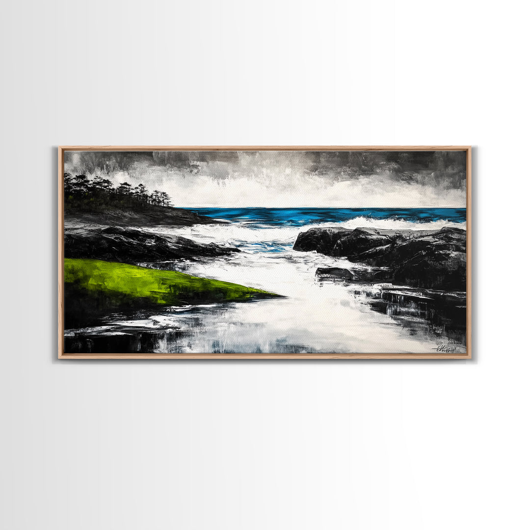 Rocky Shore, Ocean Wave Art, Coastal Seascape, Dramatic Beach Painting, Nautical Home Decor, Modern Coastal Print, Canvas Print