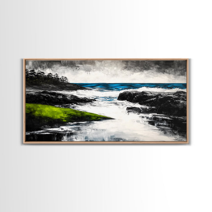 Rocky Shore, Ocean Wave Art, Coastal Seascape, Dramatic Beach Painting, Nautical Home Decor, Modern Coastal Print, Canvas Print
