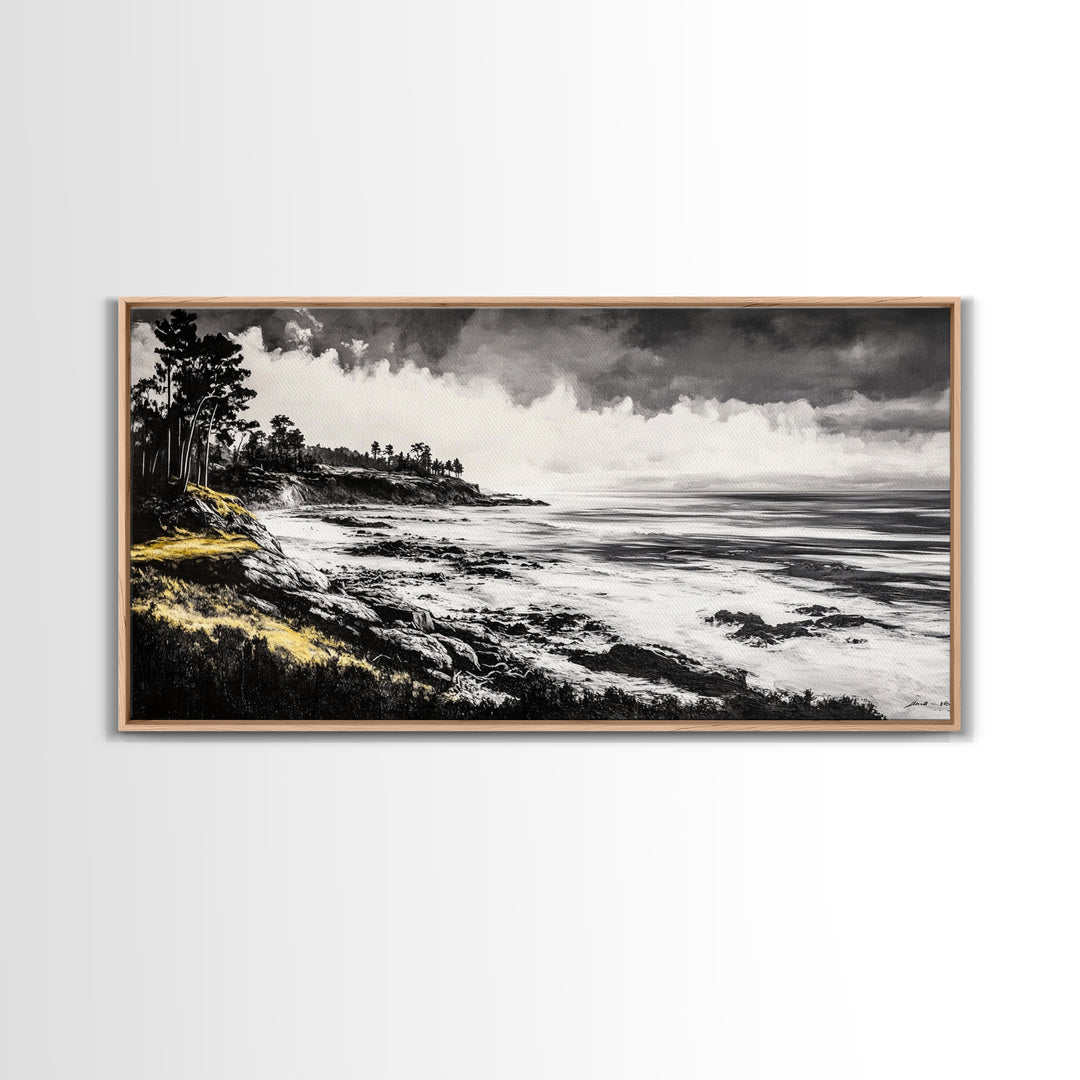 Rocky Shore, Monochrome Art, Serene Beach, Canvas Print, Coastal Landscape, Minimalist Art, Office Wall Decor, Nature Inspired Art