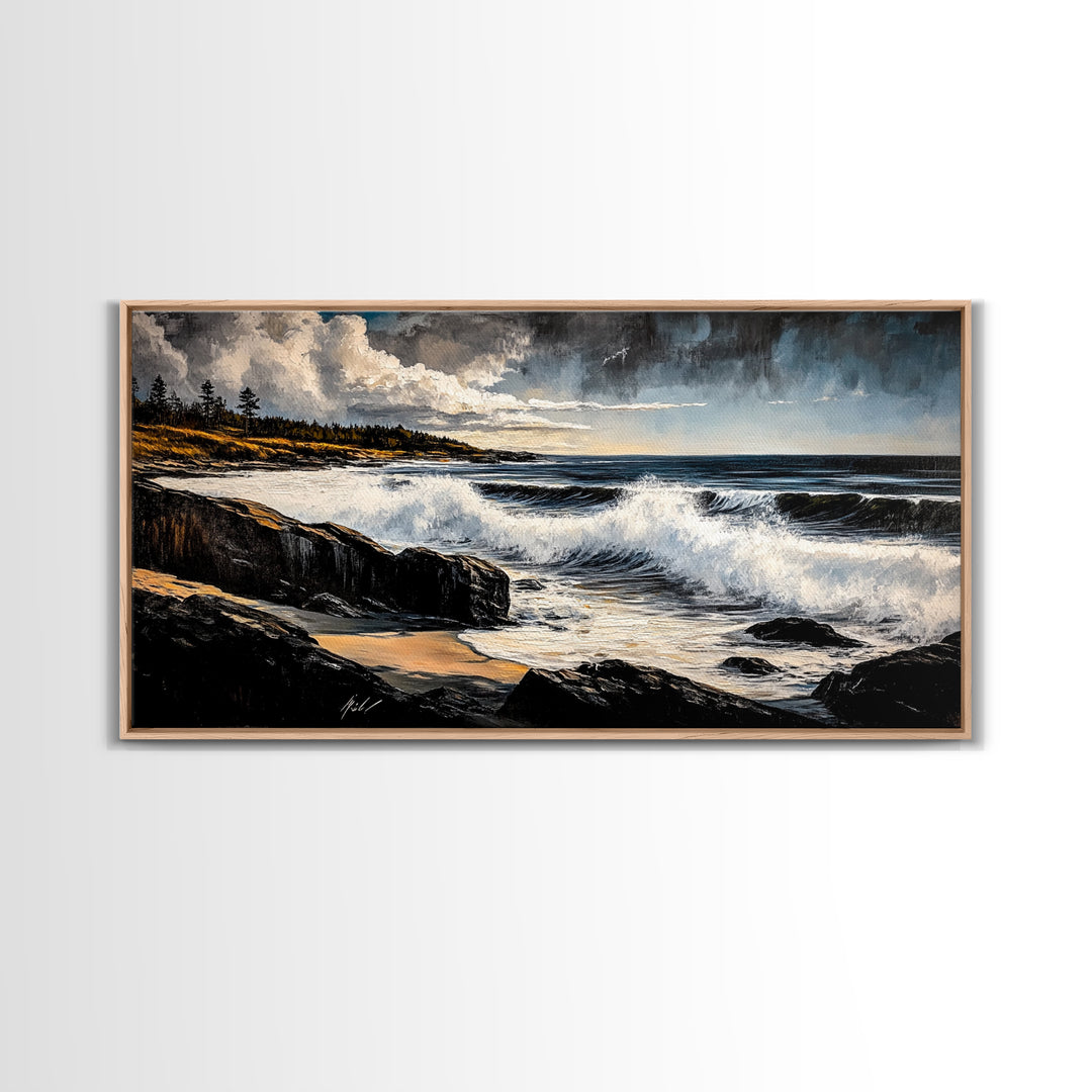 Stormy Waves, Dramatic Seascape, Moody Sky, Framed Canvas Print, Beach House Art, Living Room Wall Art, Modern Coastal Decor