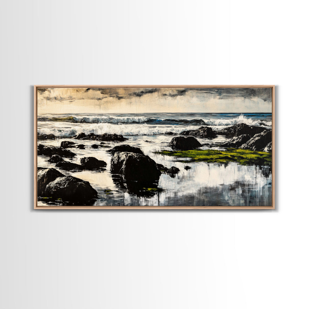 Rocky Coastline, Ocean Waves, Moody Seascape, Canvas Print, Nautical Wall Art, Monochrome Landscape, Bedroom Wall Art, Nature Aesthetic