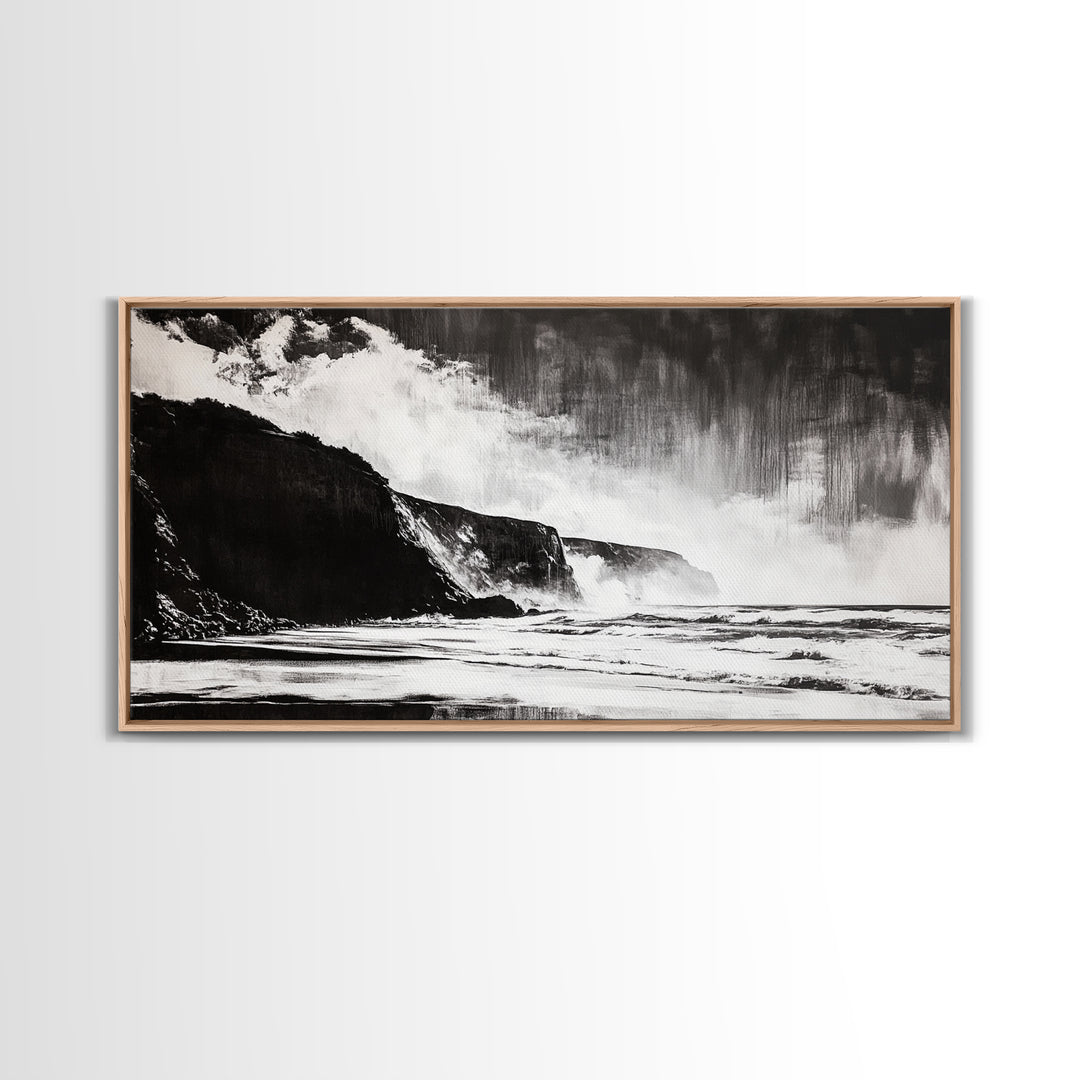Cliffside Beach, Dramatic Seascape View, Framed Canvas Print, Black and White Art, Minimalist Decor, Bedroom Wall Art, Coastal Aesthetic