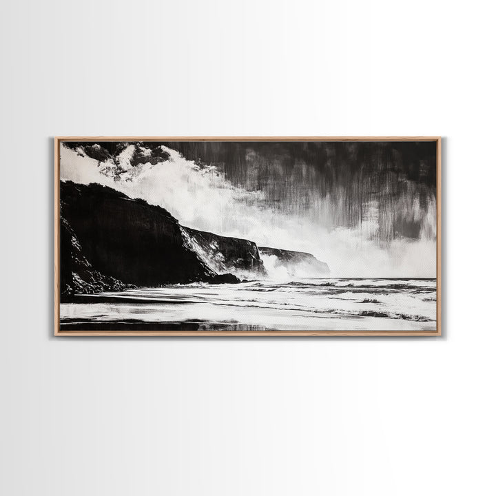 Cliffside Beach, Dramatic Seascape View, Framed Canvas Print, Black and White Art, Minimalist Decor, Bedroom Wall Art, Coastal Aesthetic