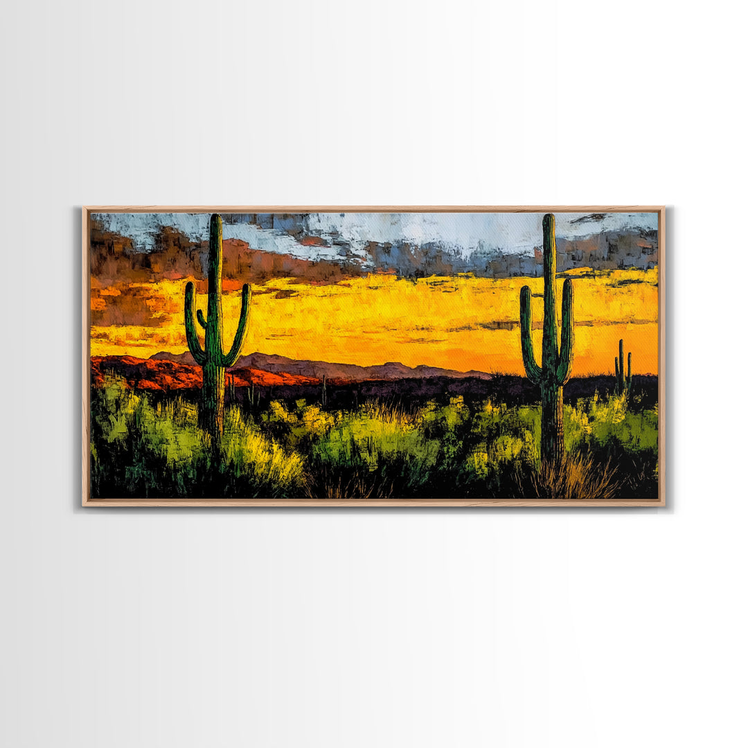 Desert Cactus, Western Sunset Art, Vibrant Landscape Canvas Print, Rustic Home Decor, Southwestern Wall Art, Office Art