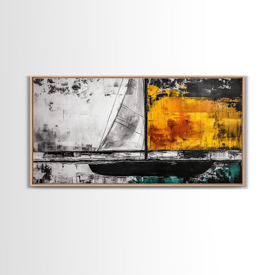 Abstract Sailboat, Nautical Canvas Print, Modern Minimalist Wall Art, Coastal Home Decor, Black and White Painting, Living Room Art
