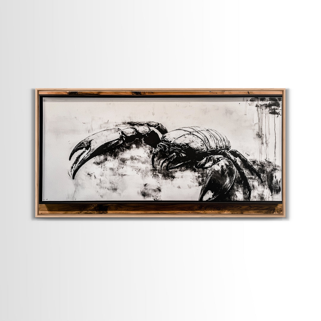 Crab Art, Black and White Coastal Decor, Nautical Wall Art, Beach House Aesthetic, Rustic Framed Canvas Print, Ocean Wildlife Art