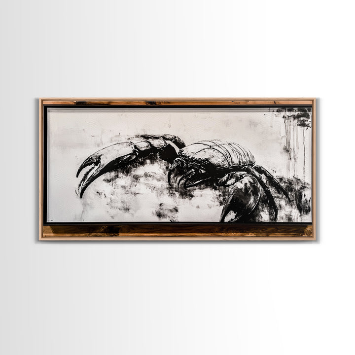 Crab Art, Black and White Coastal Decor, Nautical Wall Art, Beach House Aesthetic, Rustic Framed Canvas Print, Ocean Wildlife Art