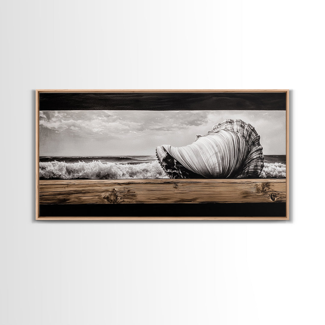 Seashell and Waves, Nautical Art, Coastal Beach Decor, Black and White Seascape, Ocean Home Art, Framed Canvas Print, Elegant Art
