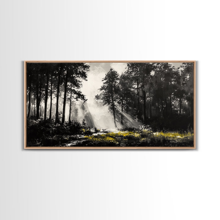 Misty Forest, Black and White, Nature Landscape, Framed Canvas Print, Tree Art, Moody Wall Decor, Rustic Cabin Art, Office Wall Art