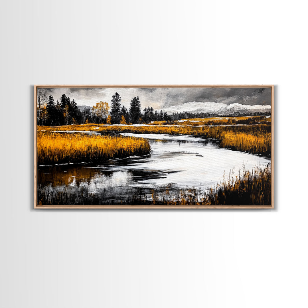 Autumn Landscape, Rustic River Scene, Golden Fields, Nature Wall Art, Farmhouse Style, Cabin Decor, Warm Tones, Framed Canvas Print