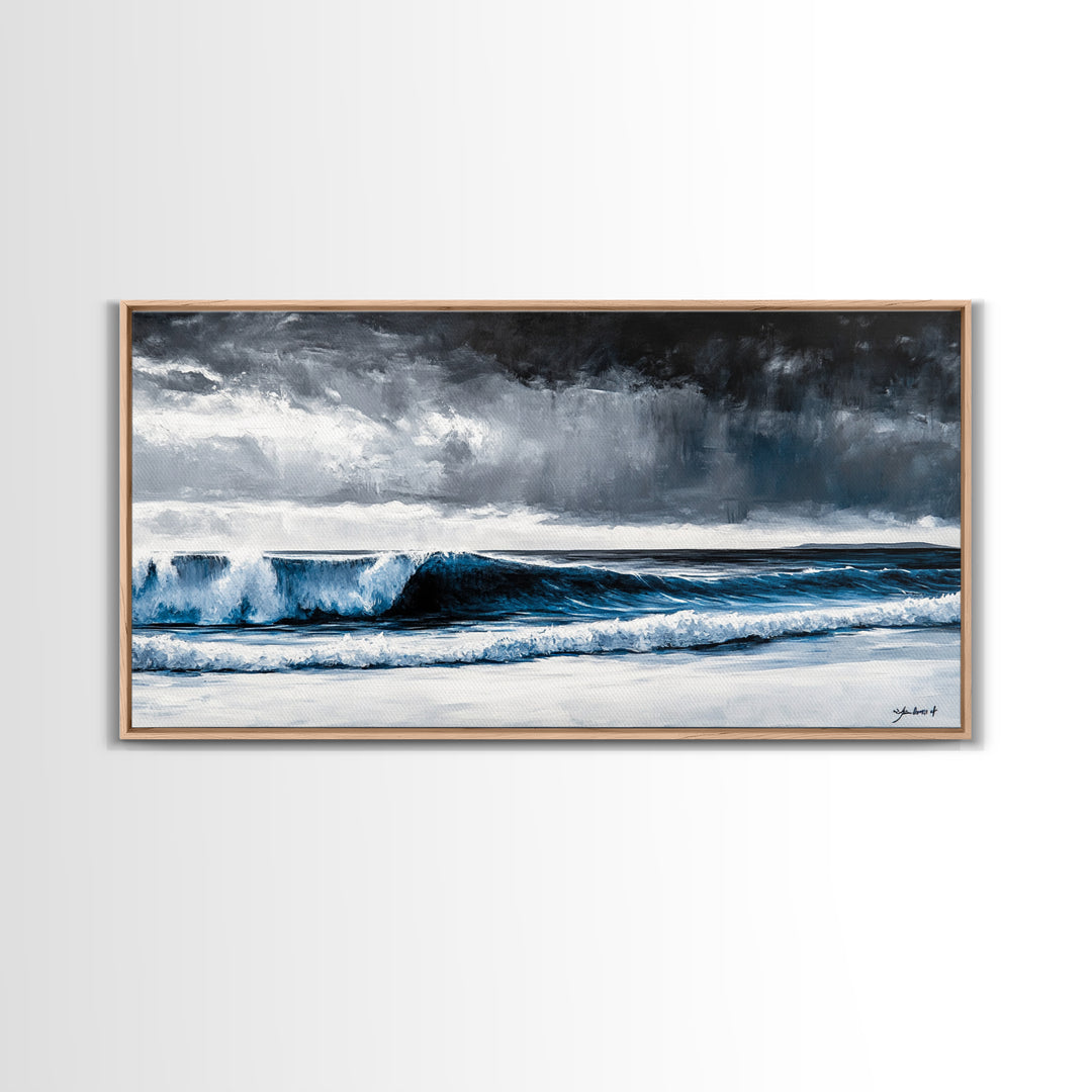 Stormy Ocean, Dramatic Seascape, Blue Waves, Coastal Decor, Moody Beach Art, Modern Wall Decor, Large Statement, Framed Canvas Print