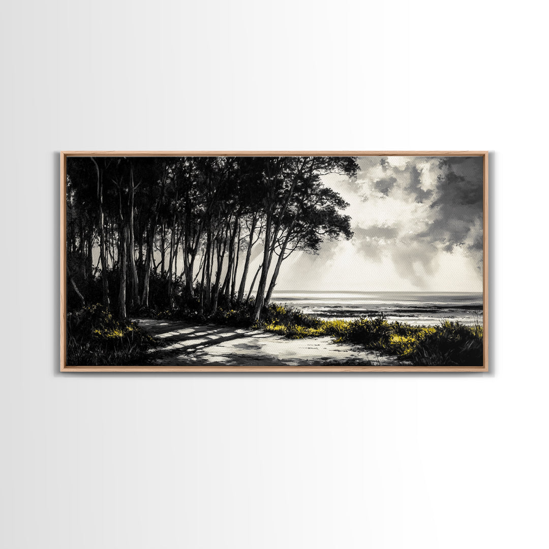 Forest Path, Coastal Landscape, Black and White Art, Tranquil Scene, Nature Wall Art, Minimalist Decor, Living Room, Canvas Print