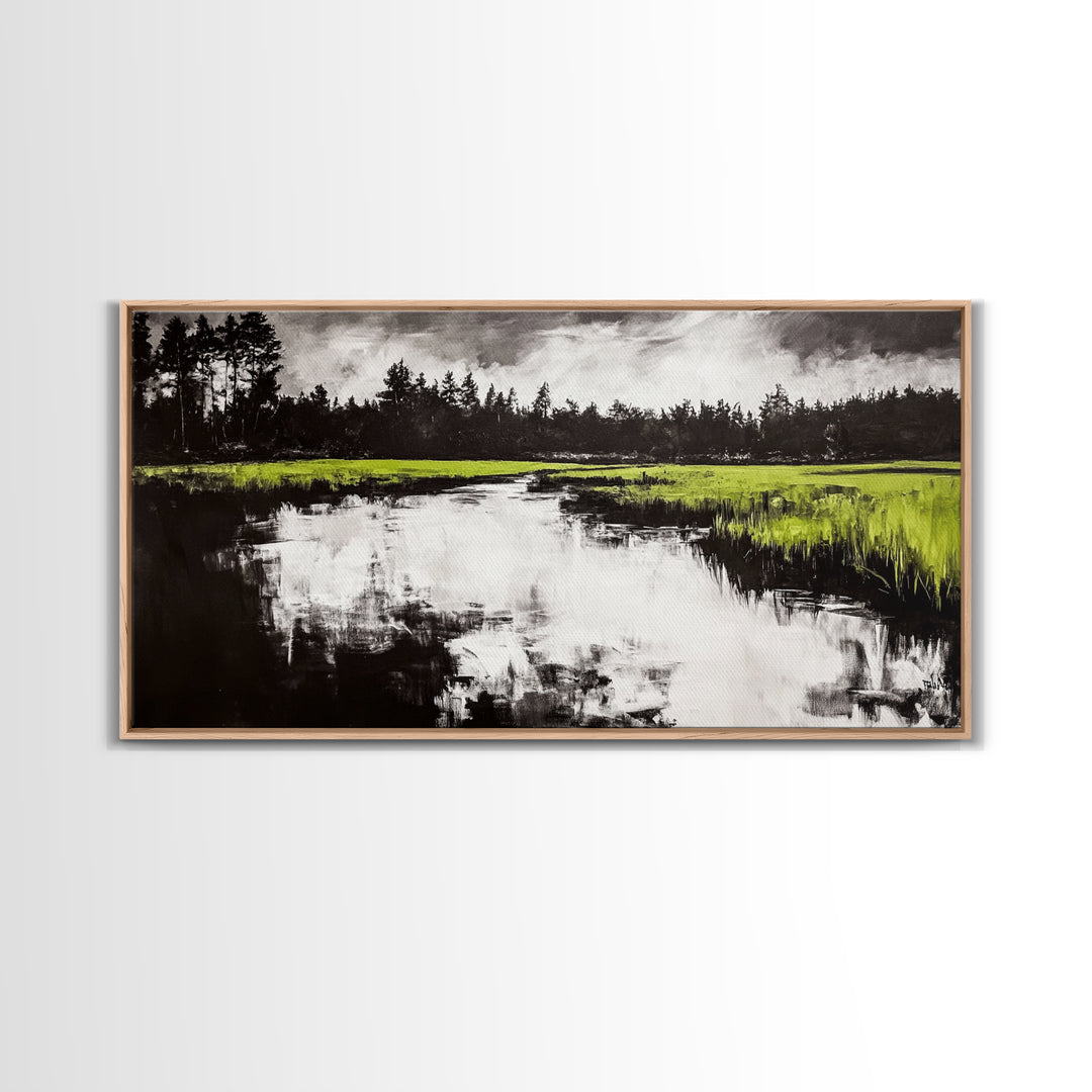 River Reflection, Nature Art, Moody Landscape, Modern Canvas Print, Green and Black, Office Wall Art, Minimalist Home Decor, Rustic Art