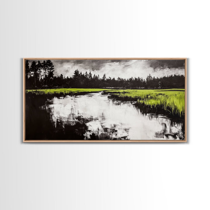 River Reflection, Nature Art, Moody Landscape, Modern Canvas Print, Green and Black, Office Wall Art, Minimalist Home Decor, Rustic Art