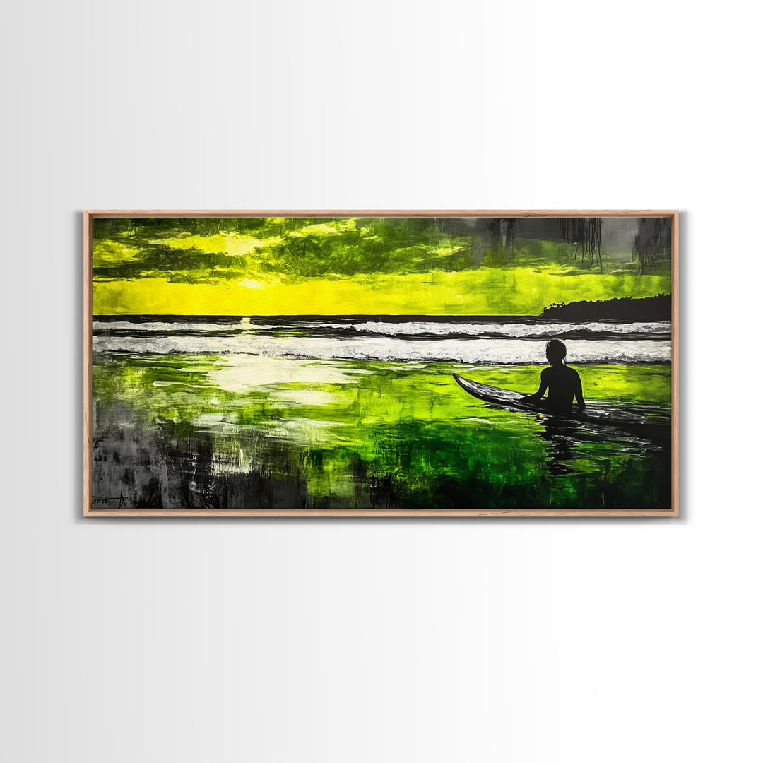 Surfer Waiting, Ocean Art, Tropical Canvas Print, Vibrant Green, Modern Wall Art, Surfing Decor, Beach House Vibes, Coastal Painting
