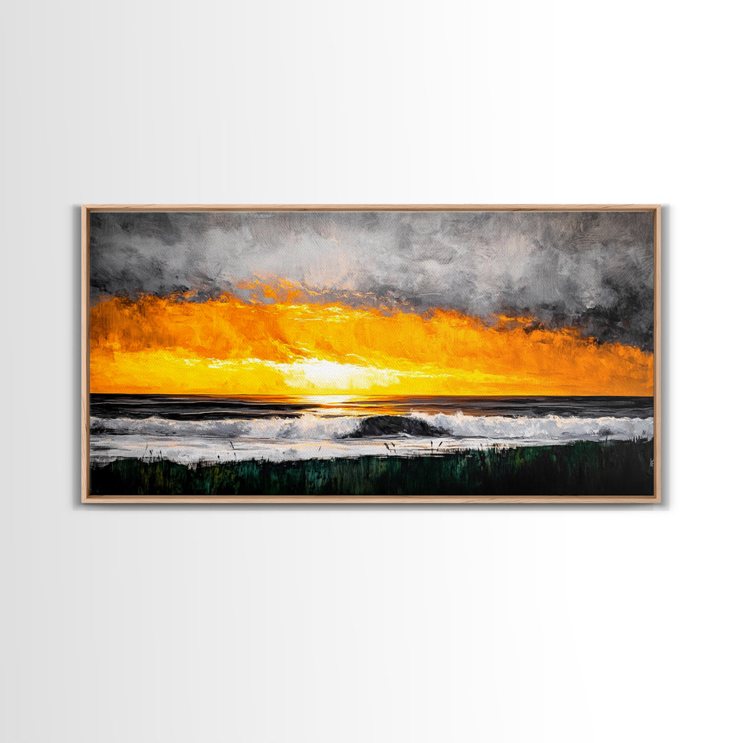 Ocean Sunset, Dramatic Clouds, Beach Waves, Framed Canvas Print, Coastal Wall Art, Living Room Art, Large Wall Decor