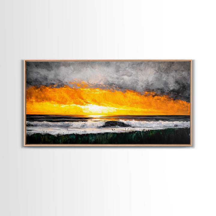 Ocean Sunset, Dramatic Clouds, Beach Waves, Framed Canvas Print, Coastal Wall Art, Living Room Art, Large Wall Decor