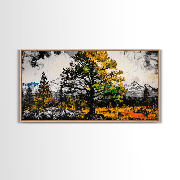 Autumn Tree Art, Mountain Landscape Painting, Fall Wall Decor, Nature Lover Gift, Framed Canvas Print, Rustic Cabin Home Accent