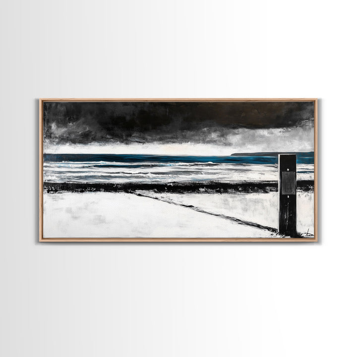 Stormy Beach Scene, Moody Ocean Painting, Coastal Wall Art, Dark Seascape Print, Framed Canvas Print, Dramatic Home Decor