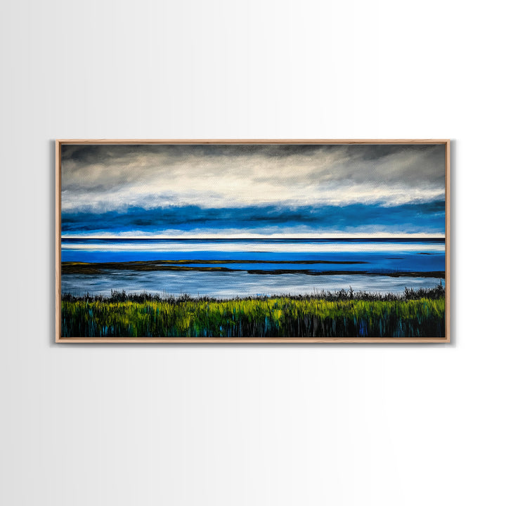 Ocean Horizon, Blue Sky, Coastal, Minimalist, Framed Canvas Print, Seascape Painting, Modern Wall Art, Living Room Decor, Tranquil Scene