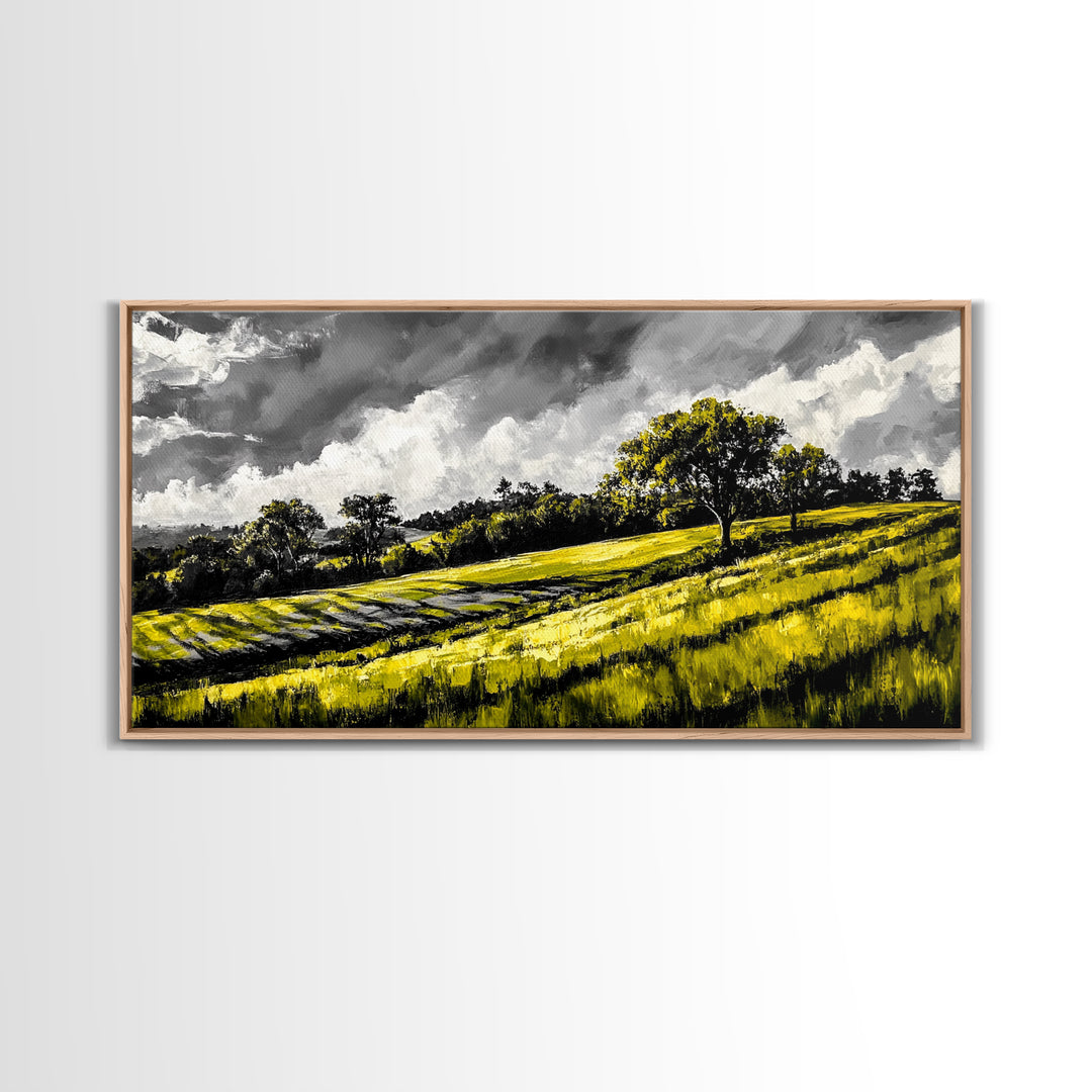 Rolling Hills Landscape, Peaceful Countryside Art, Green Field Painting, Rustic Home Decor, Framed Canvas Print, Serene Wall Accent