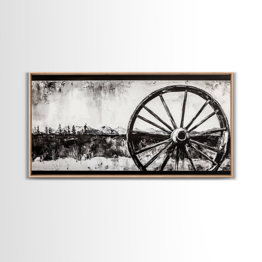Wagon Wheel, Mountain Landscape, Black and White Western Art, Rustic Home Decor, Framed Canvas Print, Farmhouse Living Room Art