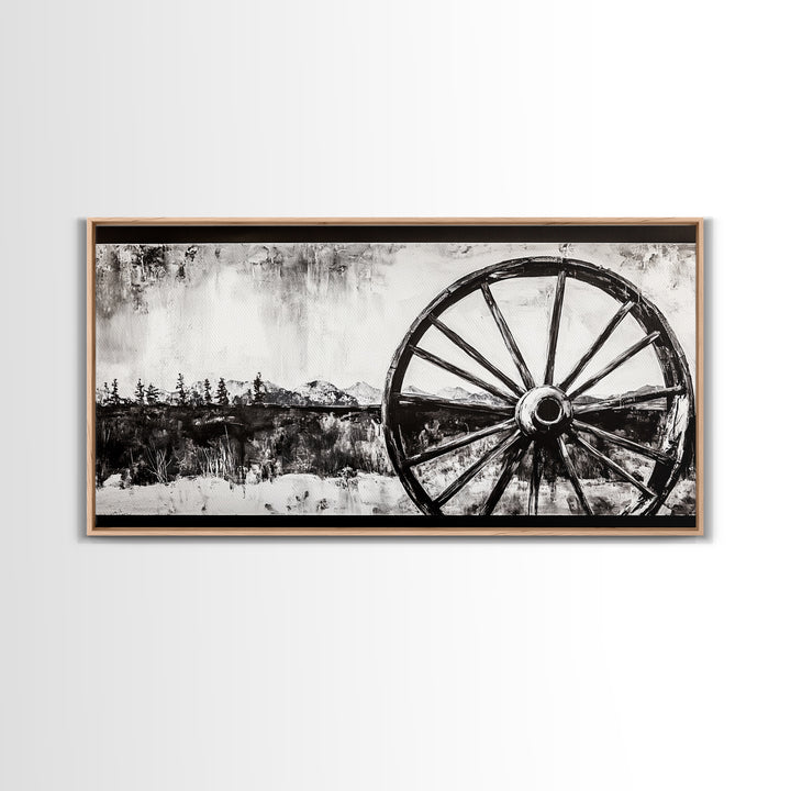 Wagon Wheel, Mountain Landscape, Black and White Western Art, Rustic Home Decor, Framed Canvas Print, Farmhouse Living Room Art