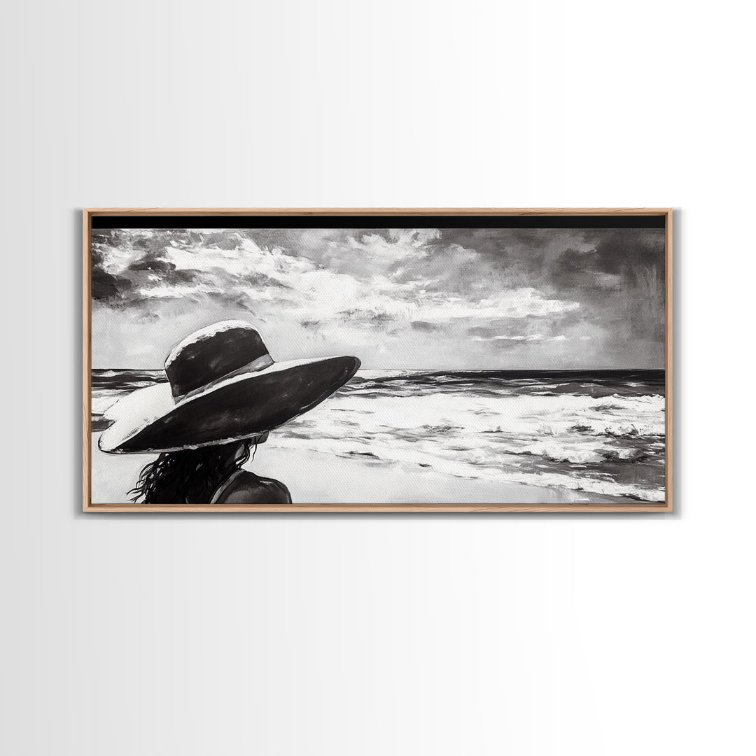 Woman at Beach, Black and White Wall Art, Minimalist Canvas Print, Modern Coastal Decor, Ocean View Art, Living Room Wall Art