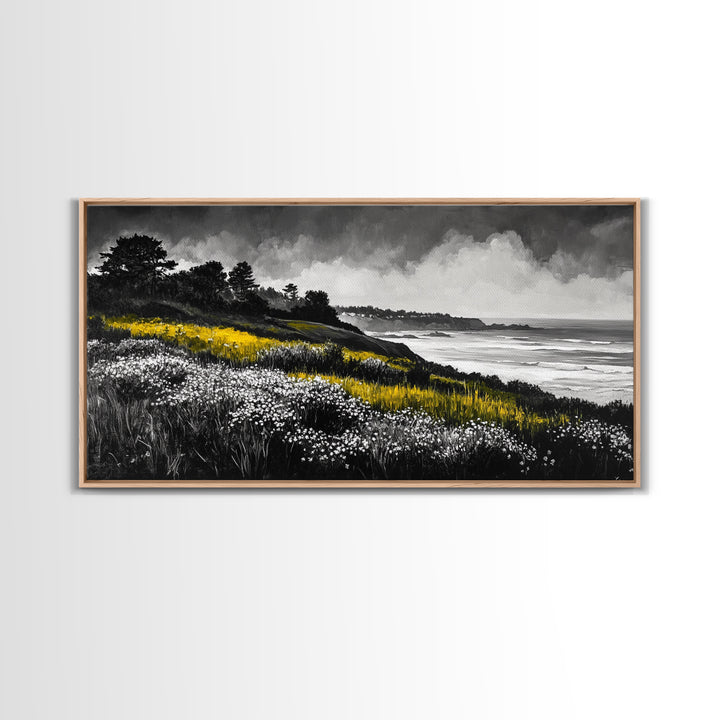 Coastal Meadow, Floral Landscape, Beach Painting, Black and White Art, Nature Wall Decor, Minimalist Art, Framed Canvas Print, Gift Idea