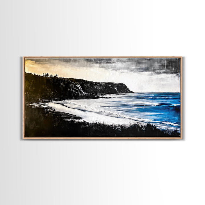 Cliffside Coast, Dramatic Seascape, Black and White Landscape, Ocean View, Modern Art, Living Room Decor, Framed Canvas Print, Coastal Home