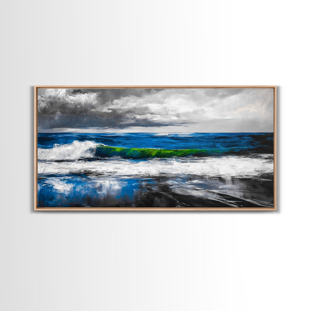 Blue Ocean, Stormy Seascape, Modern Coastal Art, Contemporary Painting, Large Beach Wall Art, Bedroom Decor, Framed Canvas Print, Gift Idea